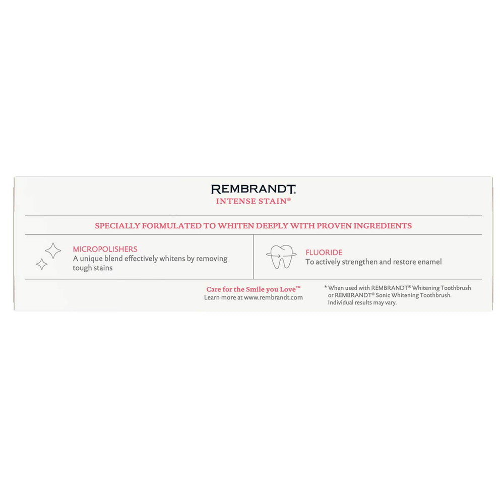 Close-up of Rembrandt Deeply White + Peroxide Whitening Toothpaste packaging