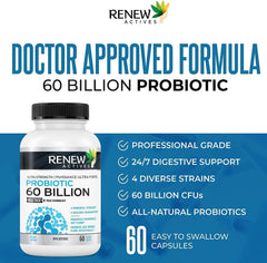 Two Renew Actives capsules beside a glass of water for easy swallowing