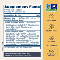 Bottle label highlighting 12 diverse probiotic strains for vaginal, urinary, digestive and immune health