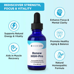 RENEW MIND Renew HGH Pro label close-up emphasizes quality and safety.