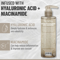 Close-up of product label highlighting hyaluronic acid and niacinamide ingredients.