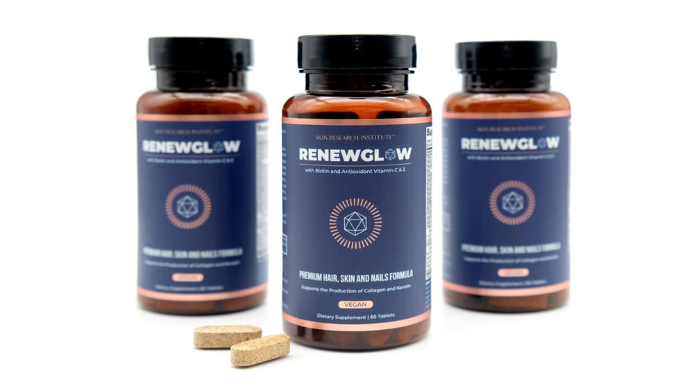 Renewglow Biotin Supplement 3-pack packaging and bottle