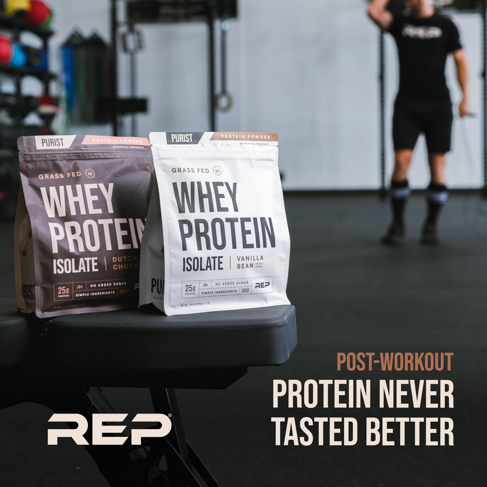 REP Purist vanilla whey protein shake in a glass for a clean meal replacement option.