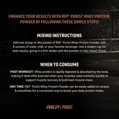 REP Purist vanilla whey nutrition panel emphasizes grass-fed, gluten-free quality.