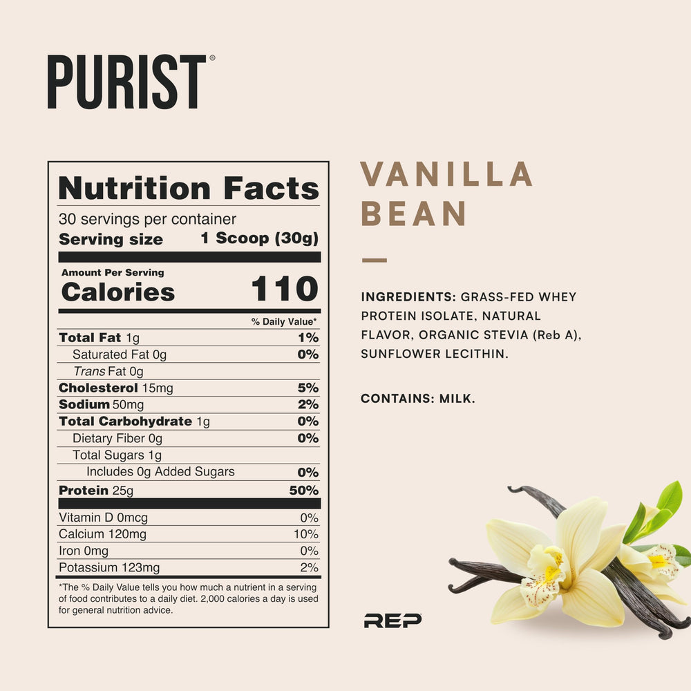 REP Purist vanilla whey protein tub label highlighting gluten-free and sugar-free nutrition.