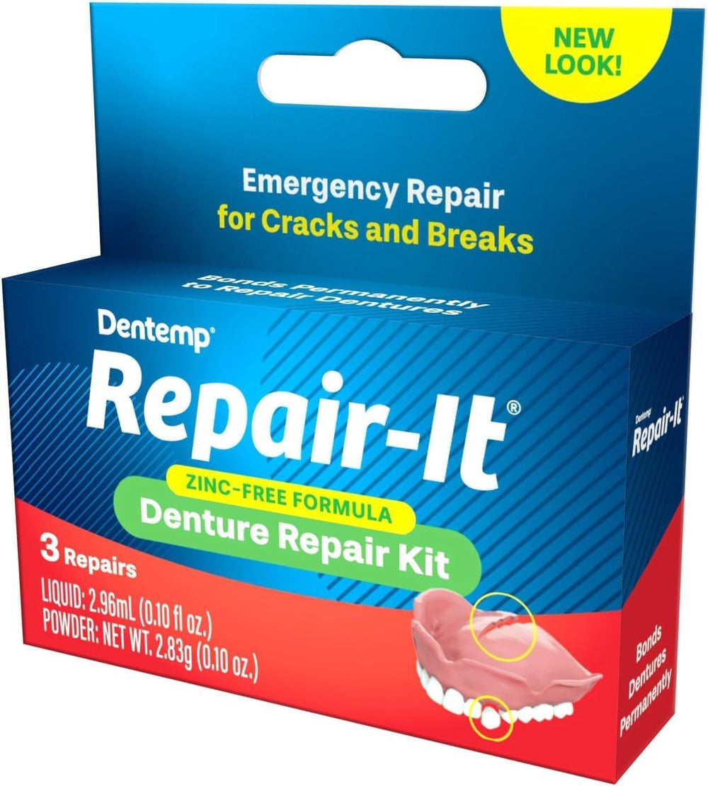 Cherry-flavor, zinc-free denture repair kit contents