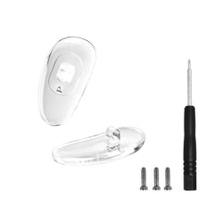 Two nose pads and screws with screwdriver in silver finish
