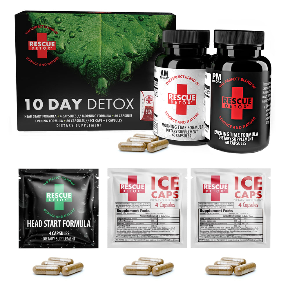 Rescue Detox 10-Day Detox Kit Packaging highlights premium blend for full-body cleansing.