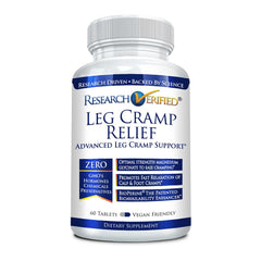 Product bottle of Research Verified Leg Cramps supplement with 1 month supply.