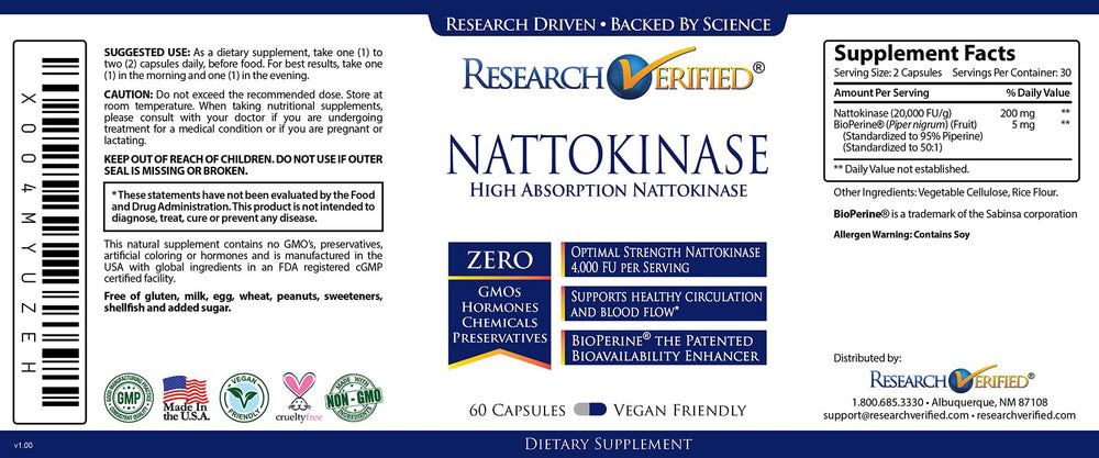 Vegan, non-GMO, USA-made nattokinase capsules