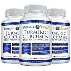 Research Verified Turmeric Curcumin bottle showing 1500mg turmeric extract with BioPerine, 180 vegan capsules.
