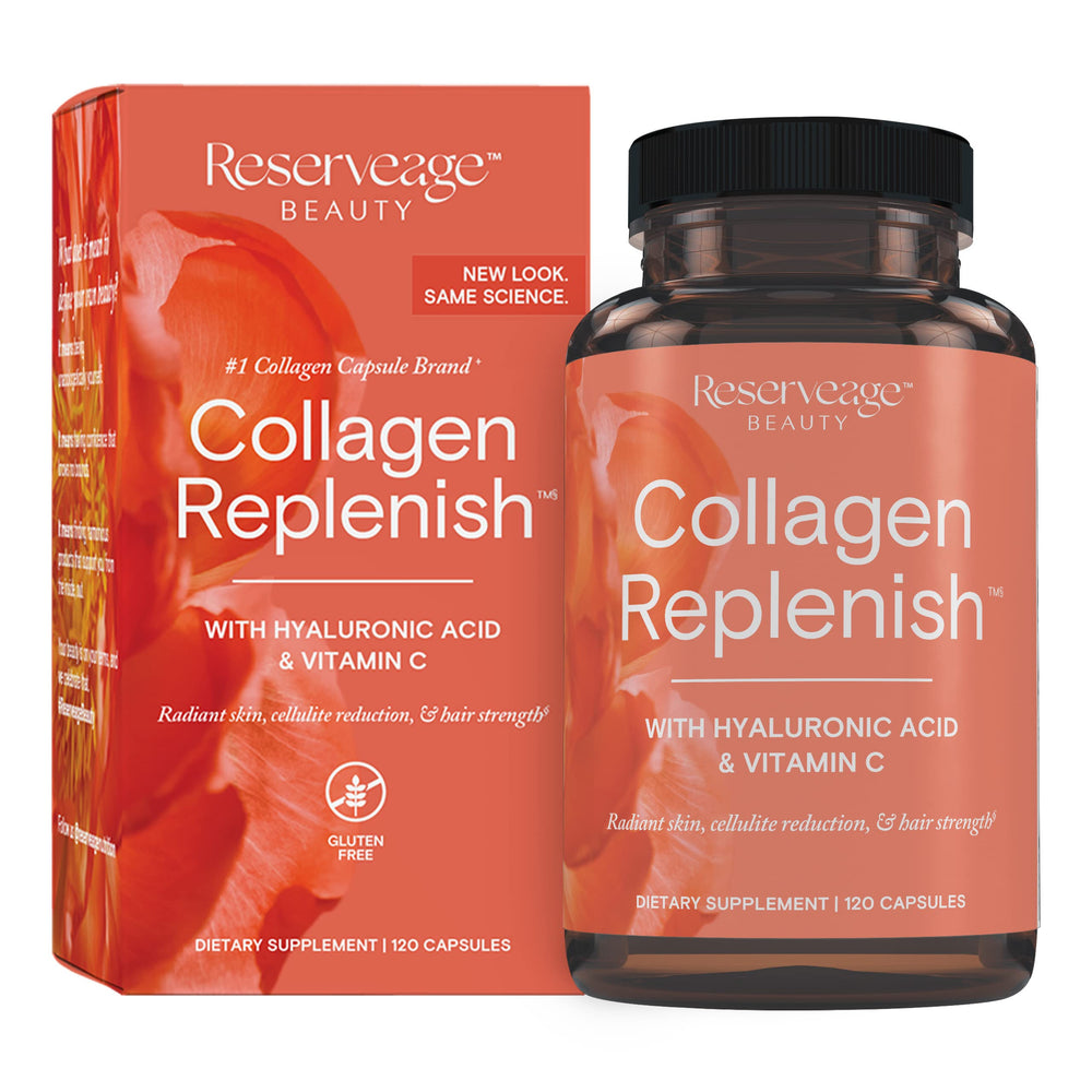 Front view of Reserveage Beauty Collagen Replenish bottle with label