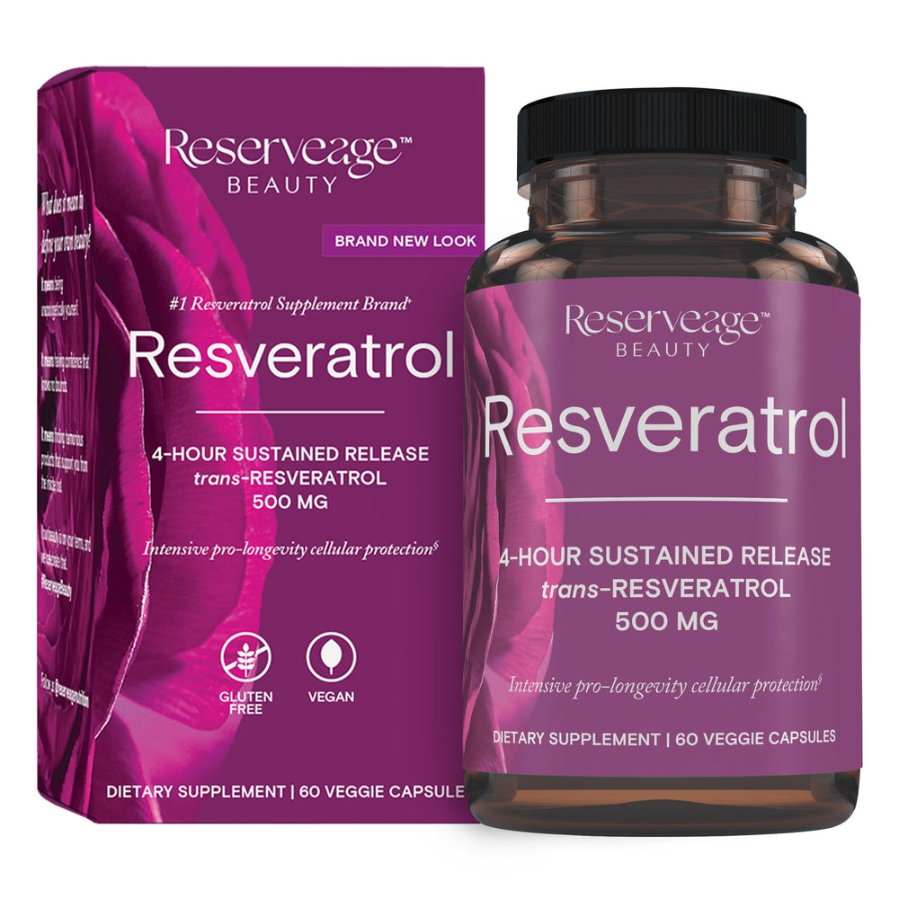 Bottle of Reserveage Beauty Resveratrol 500 mg on white background