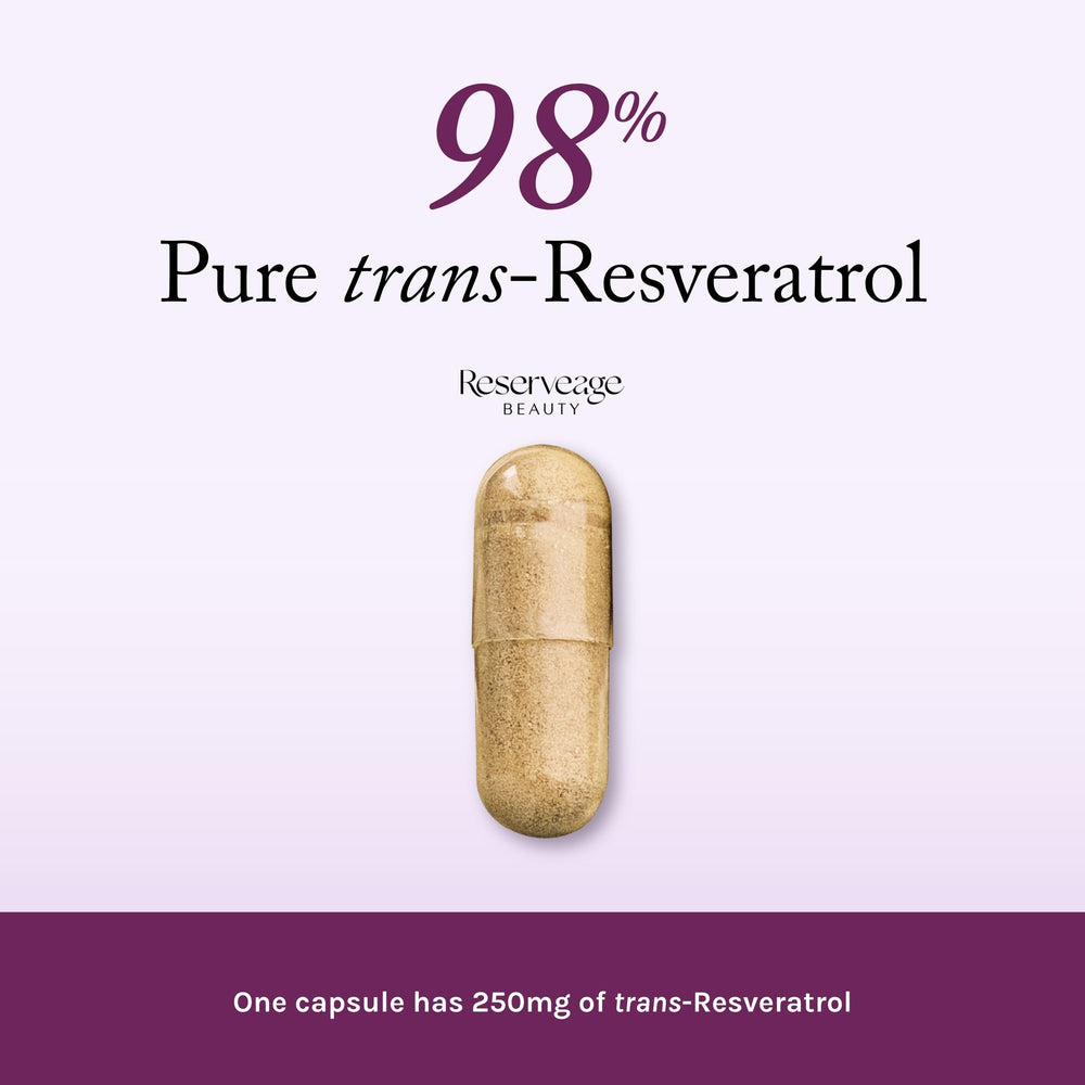 Reserveage Beauty Resveratrol label closeup emphasizes vegan, additive-free formulation.
