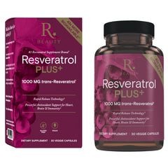 Bottle of Reserveage Beauty Resveratrol Plus+ 1000 mg vegan gluten-free capsules
