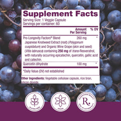 Reserveage Beauty Resveratrol prolongevity blend close image highlights muscadine grapes and knotweed ingredients.