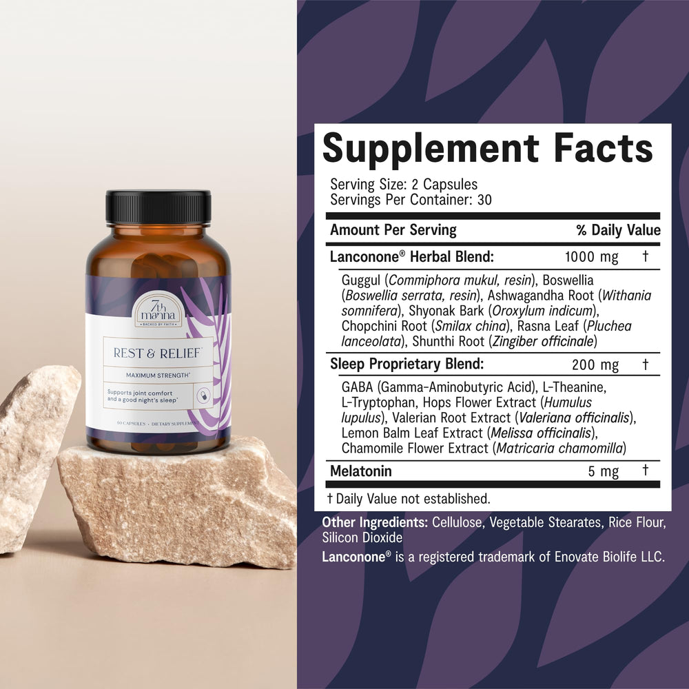 Rest & Relief bottle – back panel with supplement facts