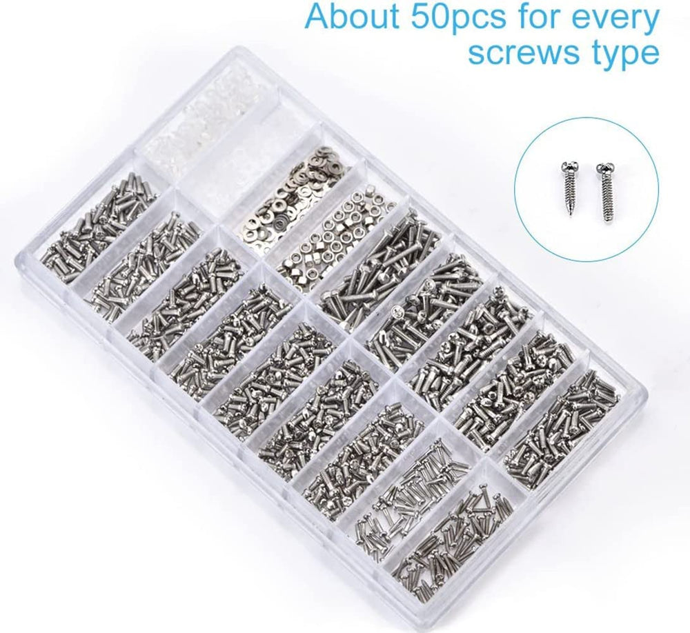 Assorted stainless steel tiny screws and nuts in case