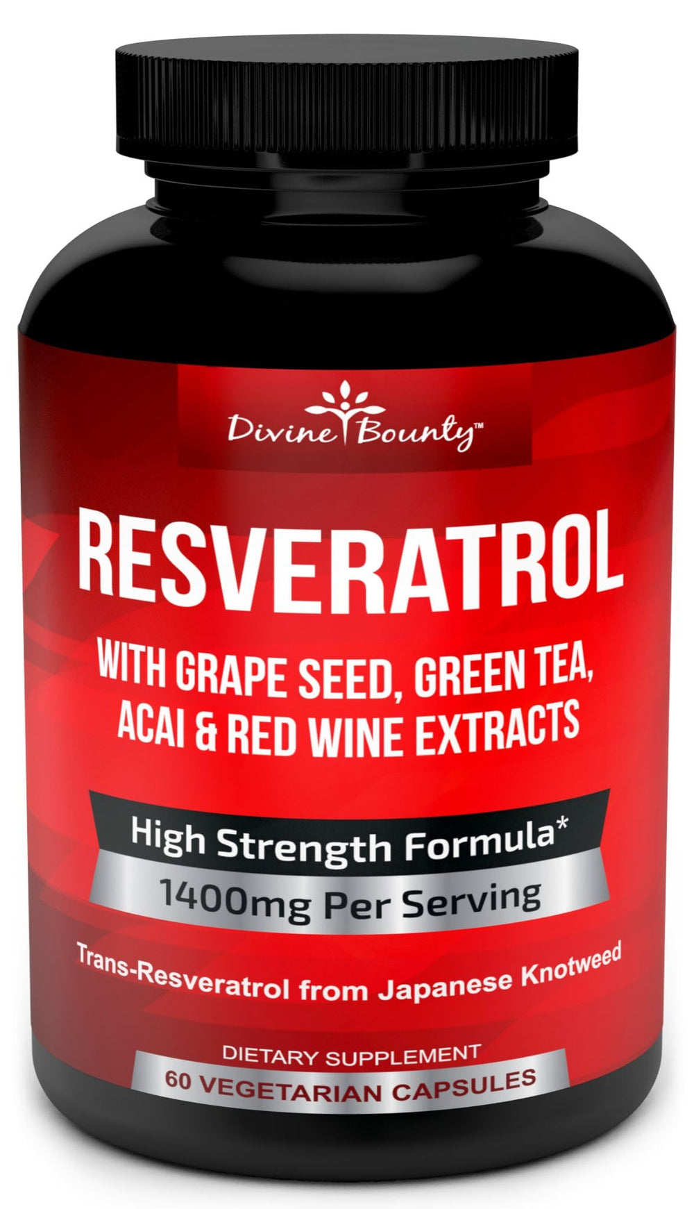 Divine Bounty Resveratrol 1400mg supplement bottle with 60 veggie capsules