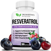 Front view of Extra Strength Resveratrol 1568mg bottle with 180 capsules