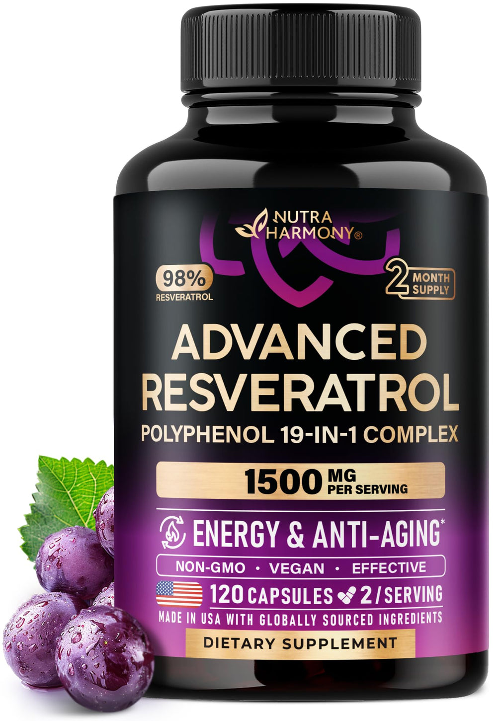 Bottle of Resveratrol supplement with 120 capsules