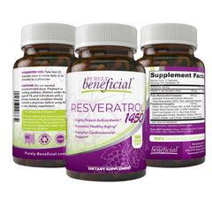 Front view of PURELY Beneficial RESVERATROL1450 bottle