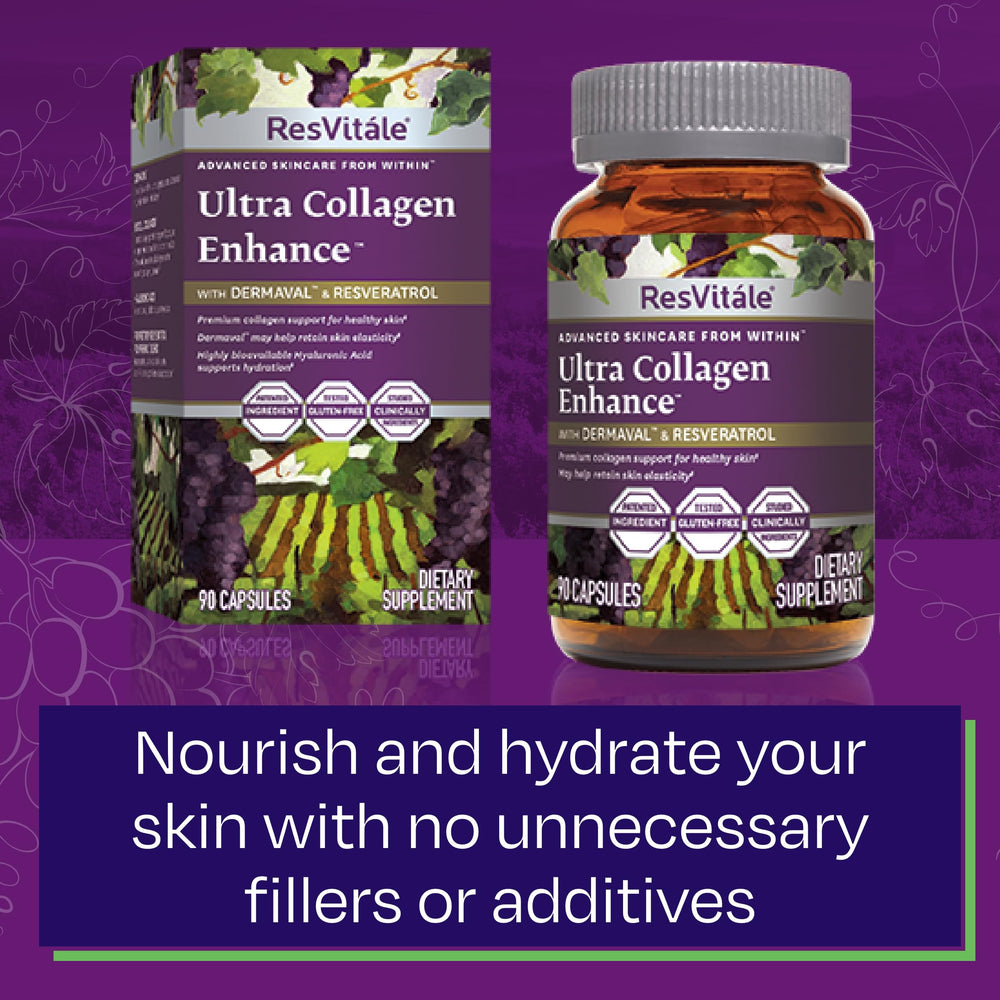 Packaging highlighting anti-aging collagen and resveratrol benefits
