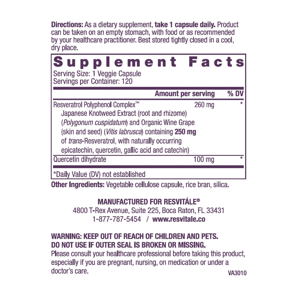 Close-up of ResVitale Resveratrol 250 mg label