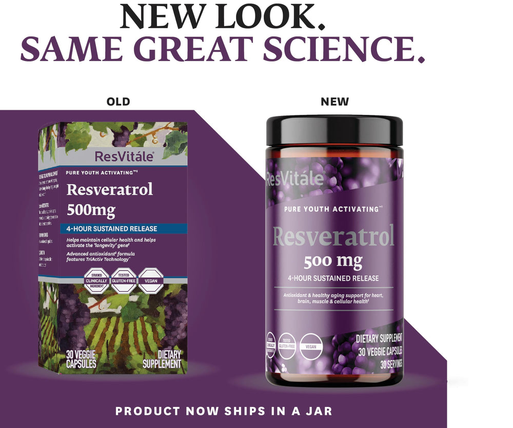 Packaging of ResVitale Resveratrol 500 mg dietary supplement