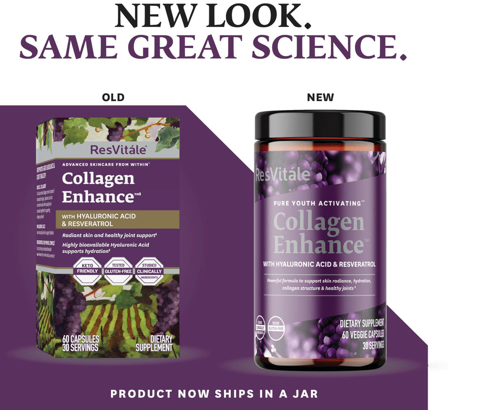 Ingredients panel showing collagen, hyaluronic acid, resveratrol