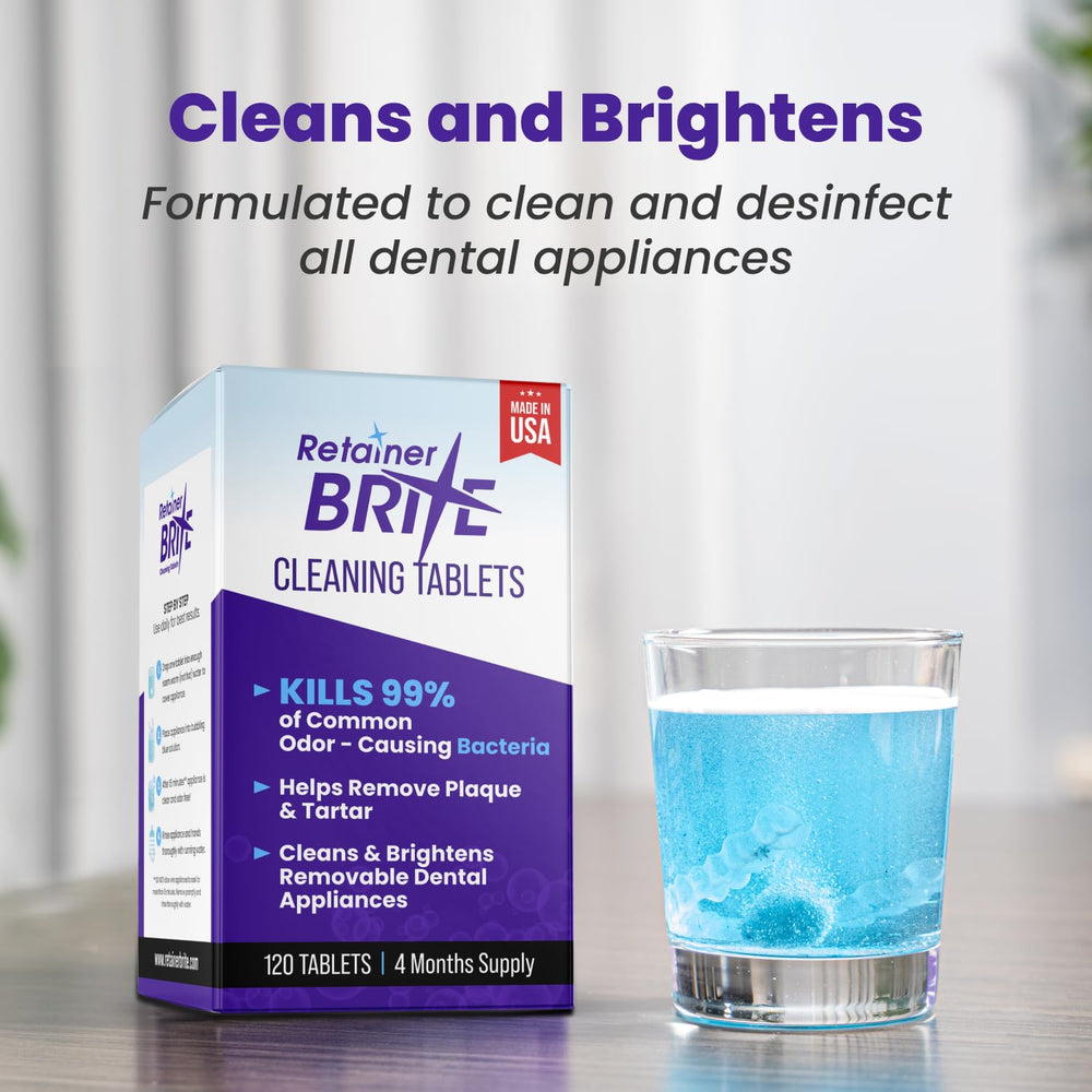 Tablet dissolving in water to clean dental appliances