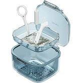 Blue retainer case with drain tray, compact 3.15 x 3.15 x 2.36 inches