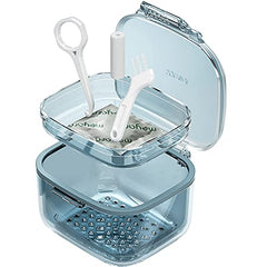 Blue retainer case with drain tray, compact 3.15 x 3.15 x 2.36 inches