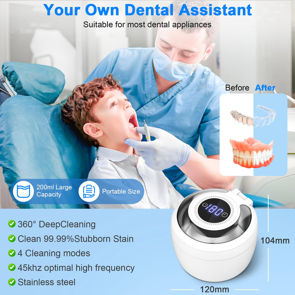 Contents include cleaner unit, DC power adapter, user manual, tweezers, cleaning cloth, toothbrush