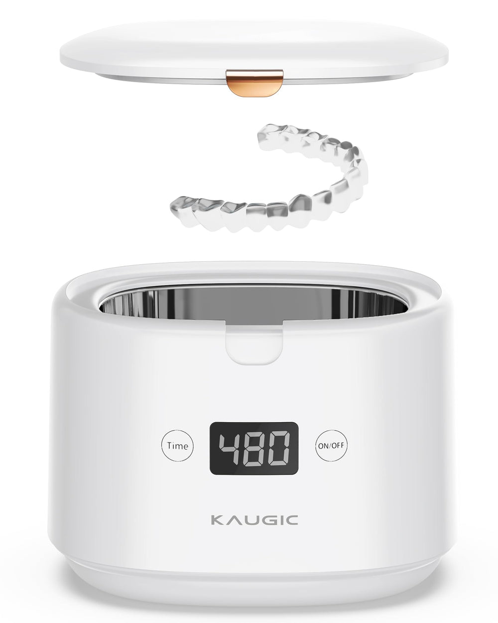 Retainer cleaner cleaning jewelry, dentures, and night guards with 360-degree cleaning