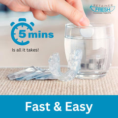Aligner, retainer and denture cleaning tablets in denture cup