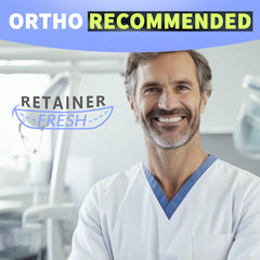 Person wearing a white dental retainer on the upper and lower teeth