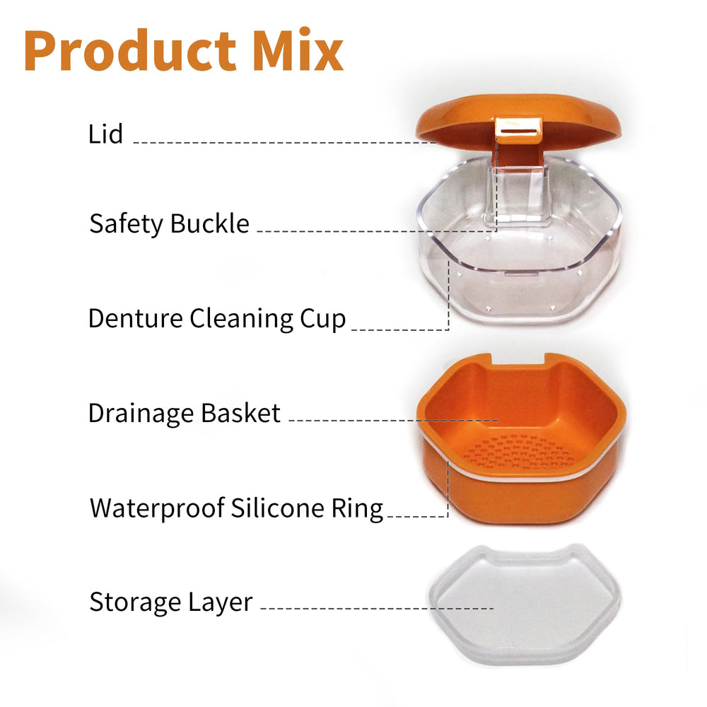 Orange denture cup open to reveal interior