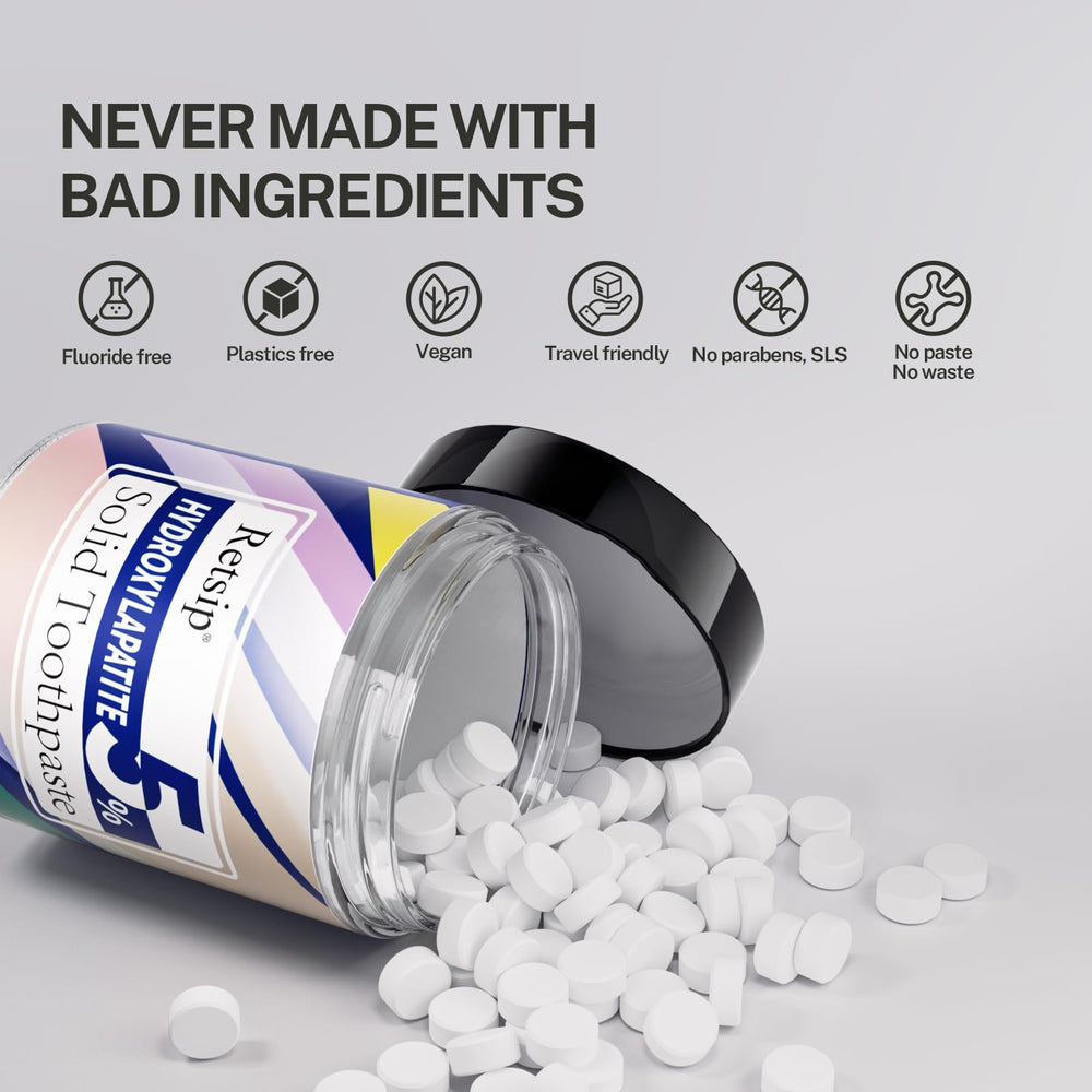 Recyclable glass jar packaging for Retsip toothpaste tablets