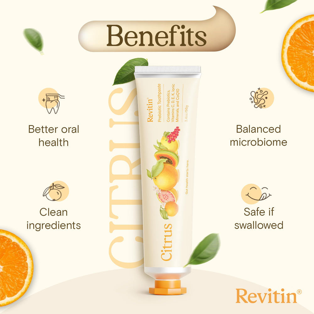 Close-up of Revitin prebiotic citrus toothpaste texture