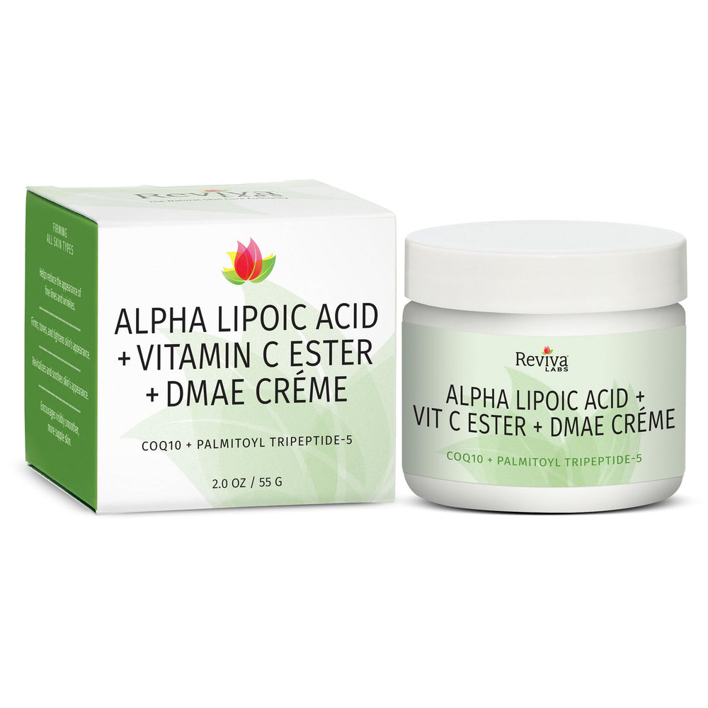 Reviva Labs Alpha Lipoic Acid Vitamin C Ester DMAE Cream 2oz bottle close-up
