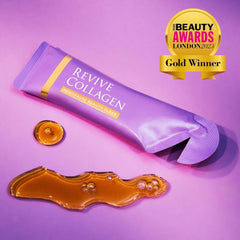 Product display showing eight Revive Collagen Menopause bottles