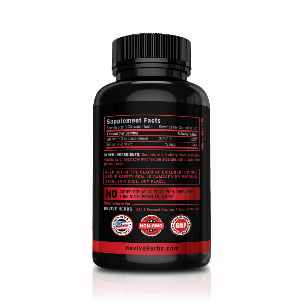 Close-up of cherry-flavored chewable tablet from Revive Herbs K2 D3