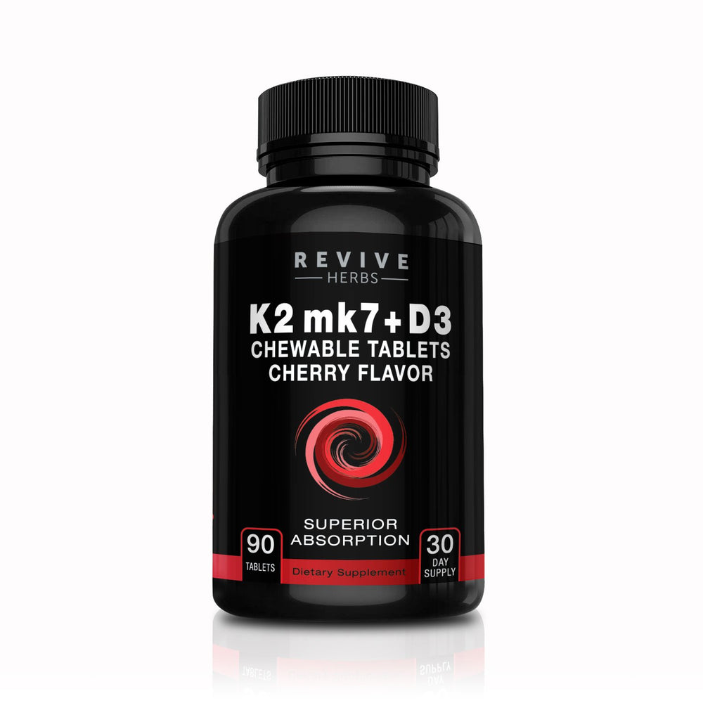 Hero shot of Revive Herbs Vitamin K2 D3 cherry chewable tablets