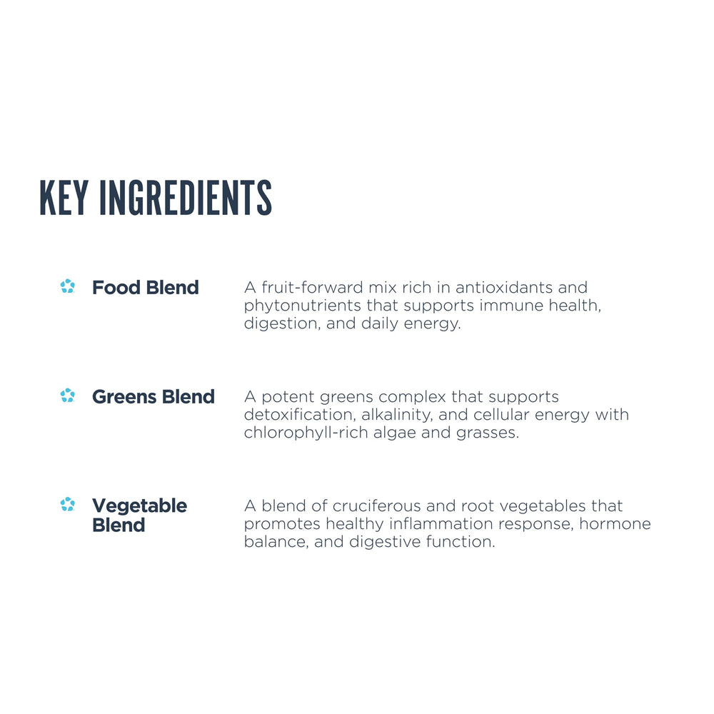 Greens blend featuring wheatgrass, spirulina, and chlorella
