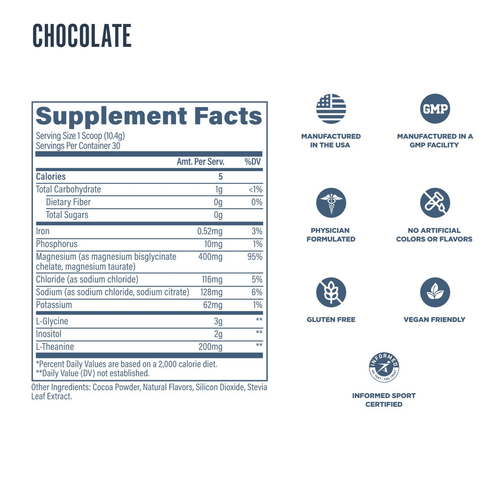 Dark chocolate flavored sleep supplement scoop with powder