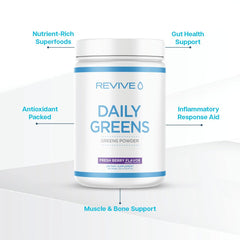 Glass of water with Revive MD Super Greens Berry powder