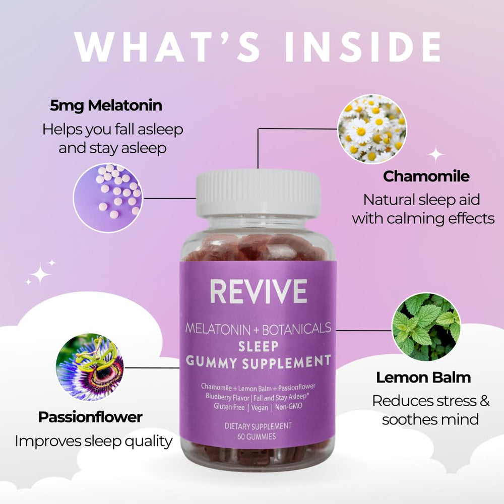 Close-up of REVIVEEO Melatonin Sleep Gummies blueberry flavor