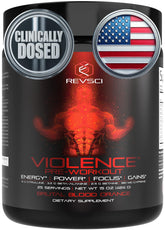 Revolution Science Violence powder tub front shows ready-to-use energy for workouts.