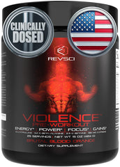 Revolution Science Violence powder tub front shows ready-to-use energy for workouts.